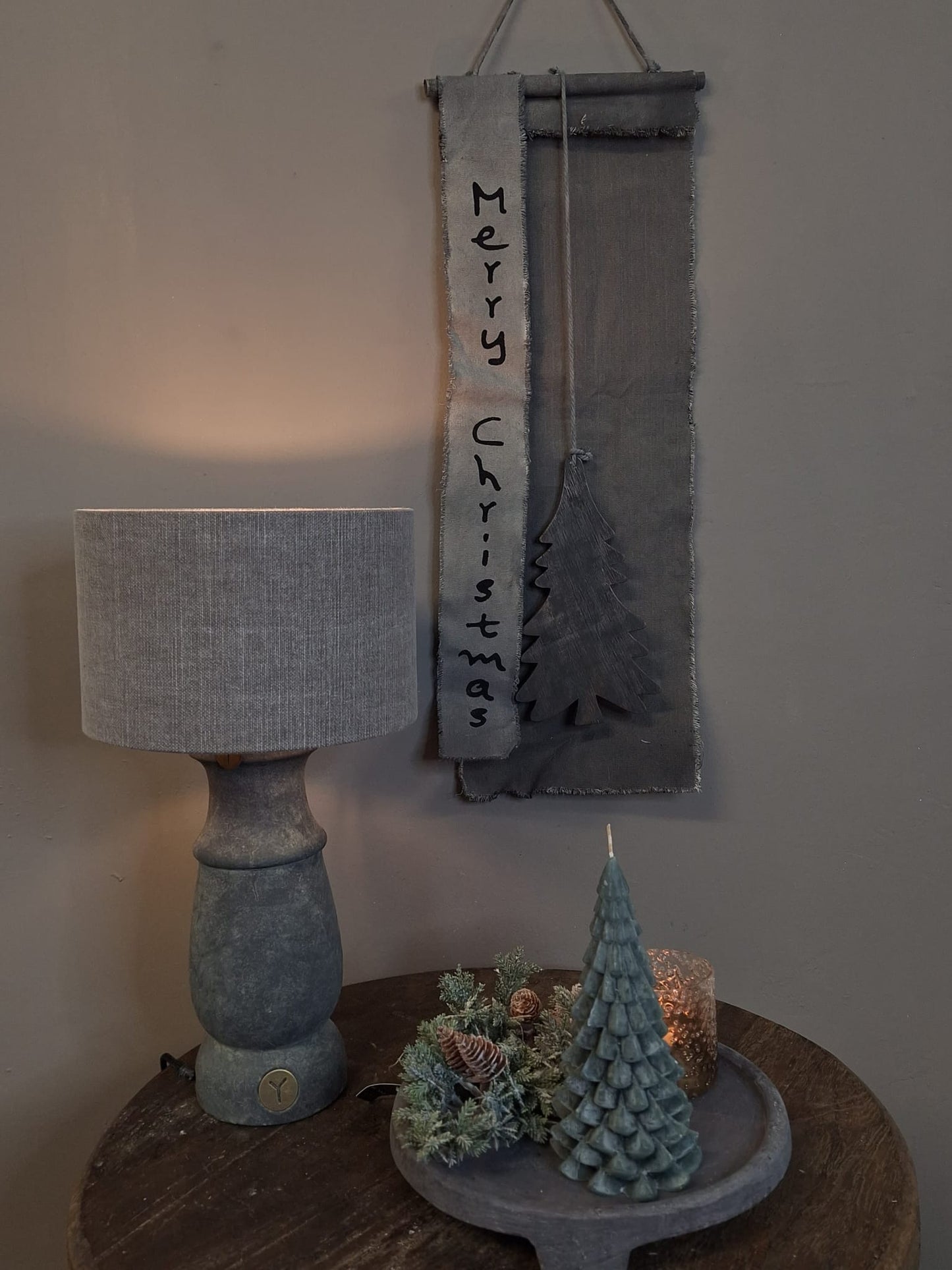 Linnen Wanddoek Merry Christmas met kerstboom ornament -  70x28